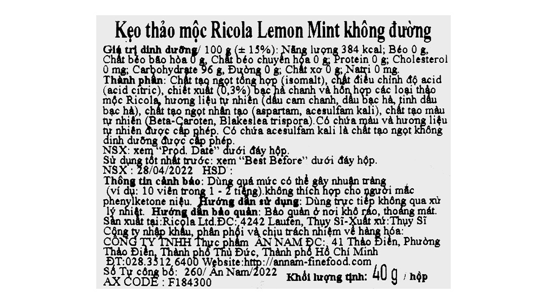 Kẹo thảo mộc Ricola alpine herbs lemonmint không đường 40g