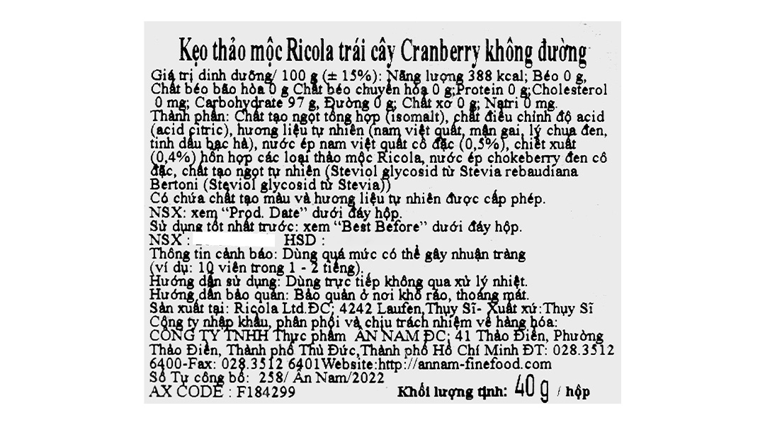 Kẹo Thảo Mộc Ricola Alpine Herbs Cranberry Không Đường 40G