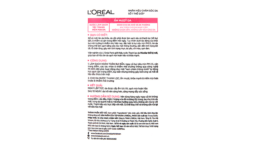 Nước tẩy trang L'Oréal Micellar 3 in 1 dưỡng ẩm cho da khô, da thường