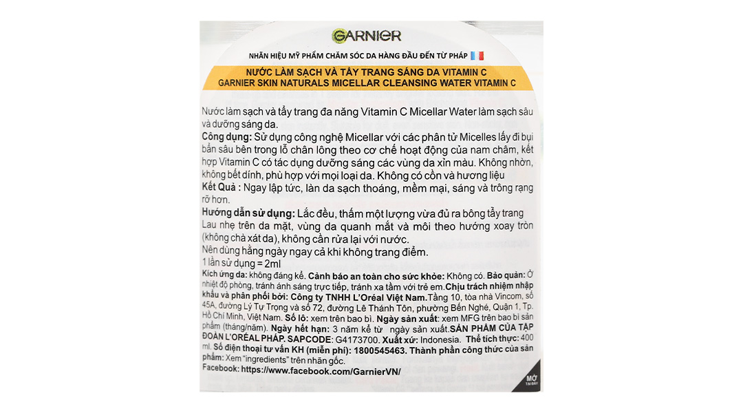 Nước tẩy trang Garnier Vitamin C giúp làm sạch, sáng da