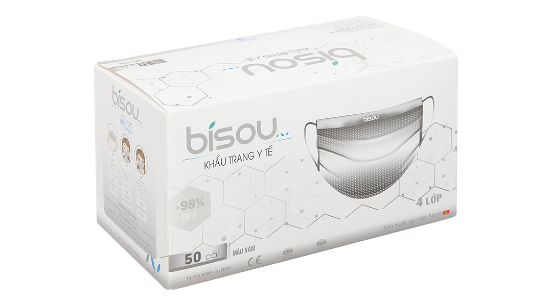 Khẩu trang y tế Bísou 4 lớp màu xám