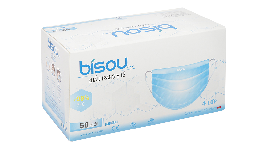 Khẩu trang y tế Bísou 4 lớp màu xanh