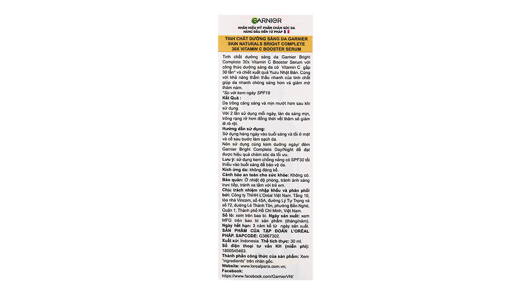 Serum Garnier Light Complete Vitamin C tăng cường trắng da, mờ thâm
