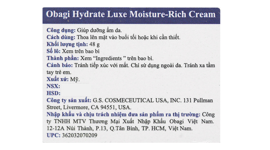 Kem dưỡng ẩm Obagi Hydrate Luxe cấp ẩm tức thì