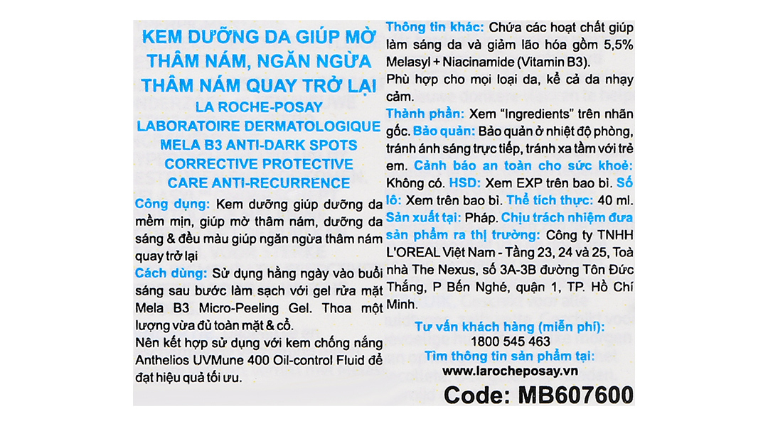 Kem dưỡng La Roche Posay Mela B3 dưỡng sáng da, mờ thâm nám