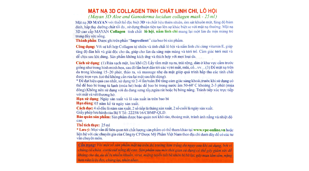 Mặt nạ 3D Mayan collagen linh chi, lô hội giúp da mịn màng