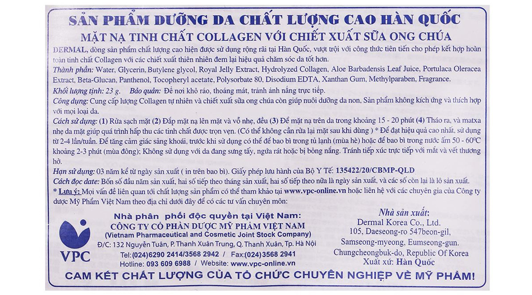 Mặt nạ cấp ẩm Dermal collagen chiết xuất sữa ong chúa ngừa lão hóa