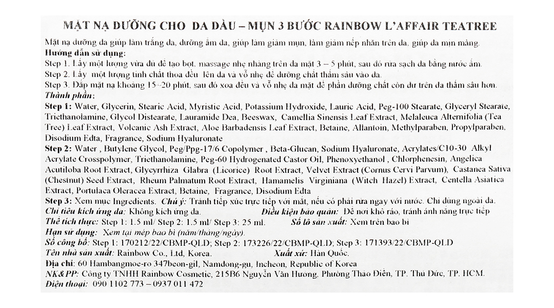 Mặt nạ Rainbow L'affair Teatree 3 bước cho da dầu, mụn