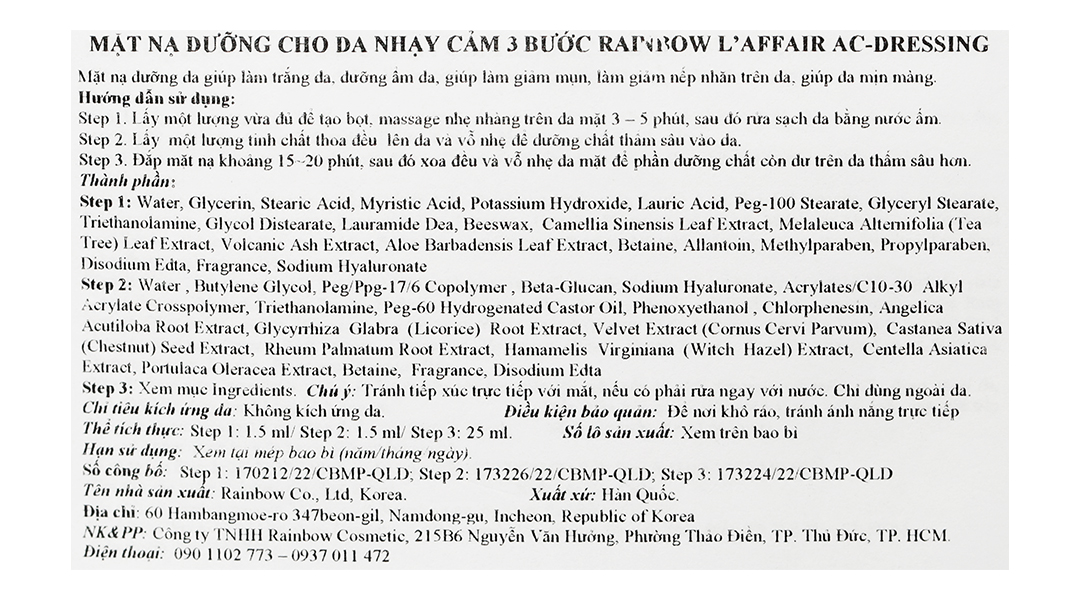 Mặt nạ Rainbow L'affair Ac-Dressing 3 bước cho da nhạy cảm