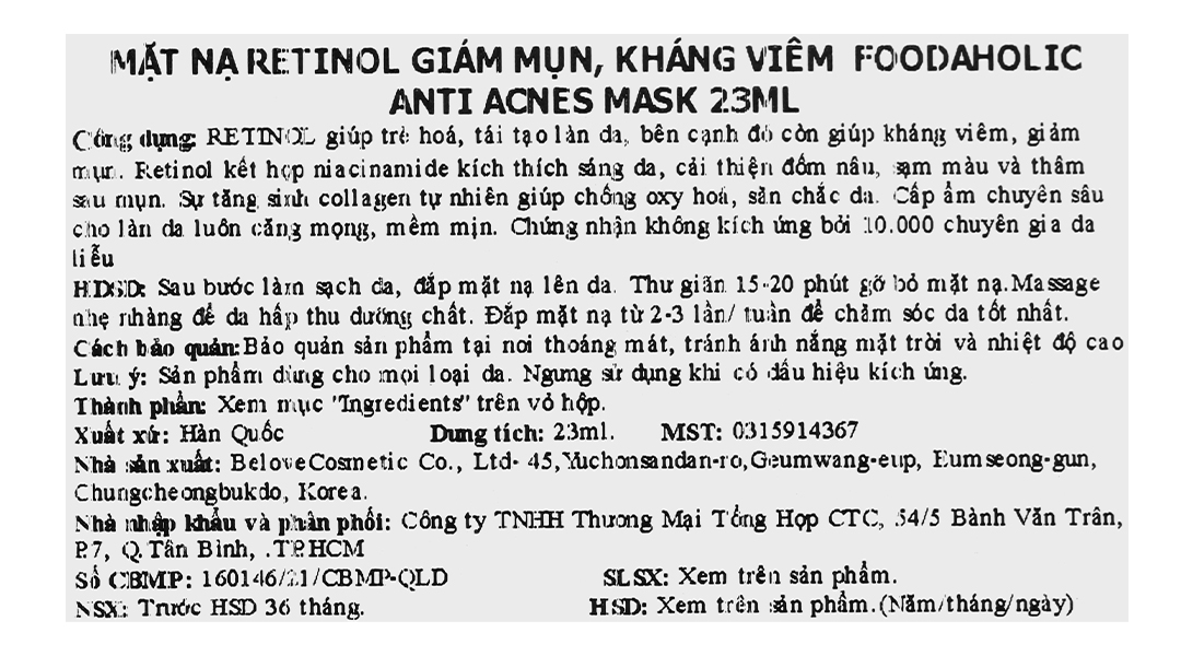 Mặt nạ Retinol Anti Acnes giảm mụn kháng viêm trẻ hóa làn da