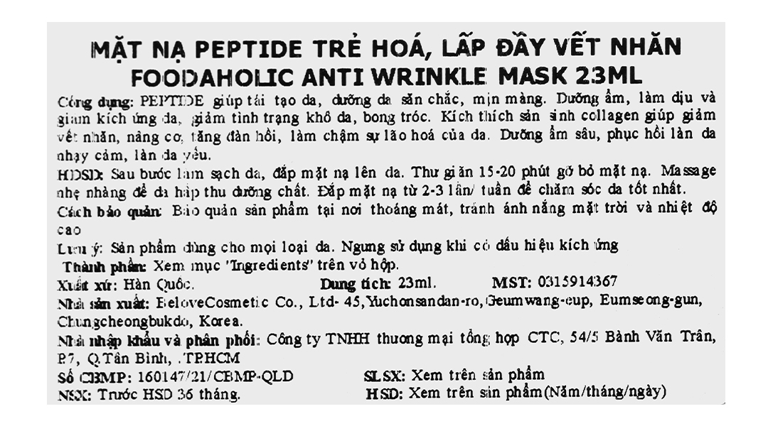 Mặt nạ Foodaholic Peptide Anti Wrinkle trẻ hóa, lấp đầy nếp nhăn