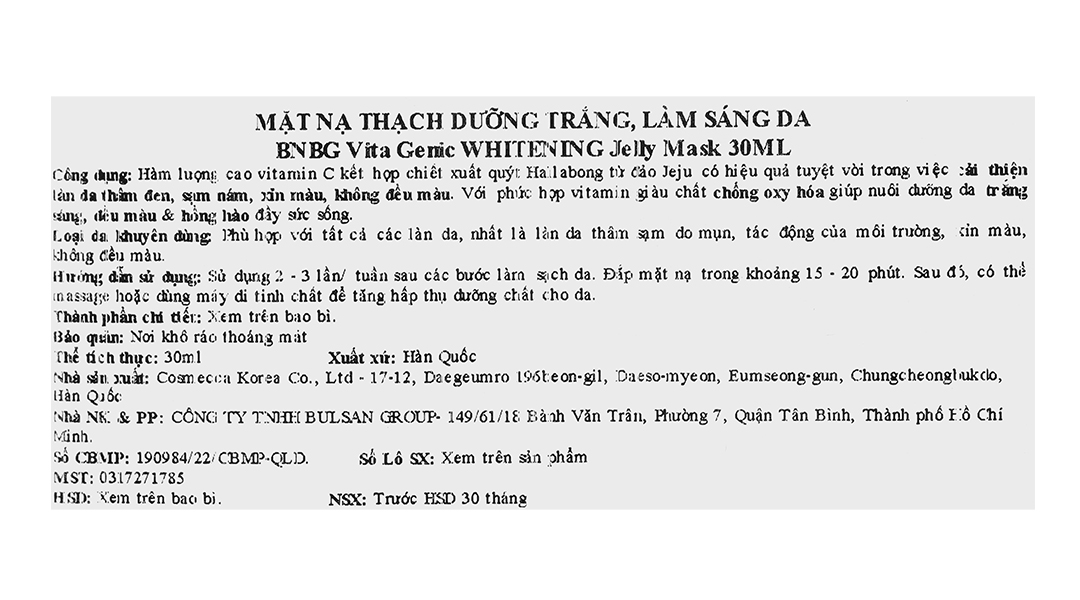 Mặt nạ BNBG Vita Genic Whitening Jelly Mask dưỡng trắng, làm sáng da