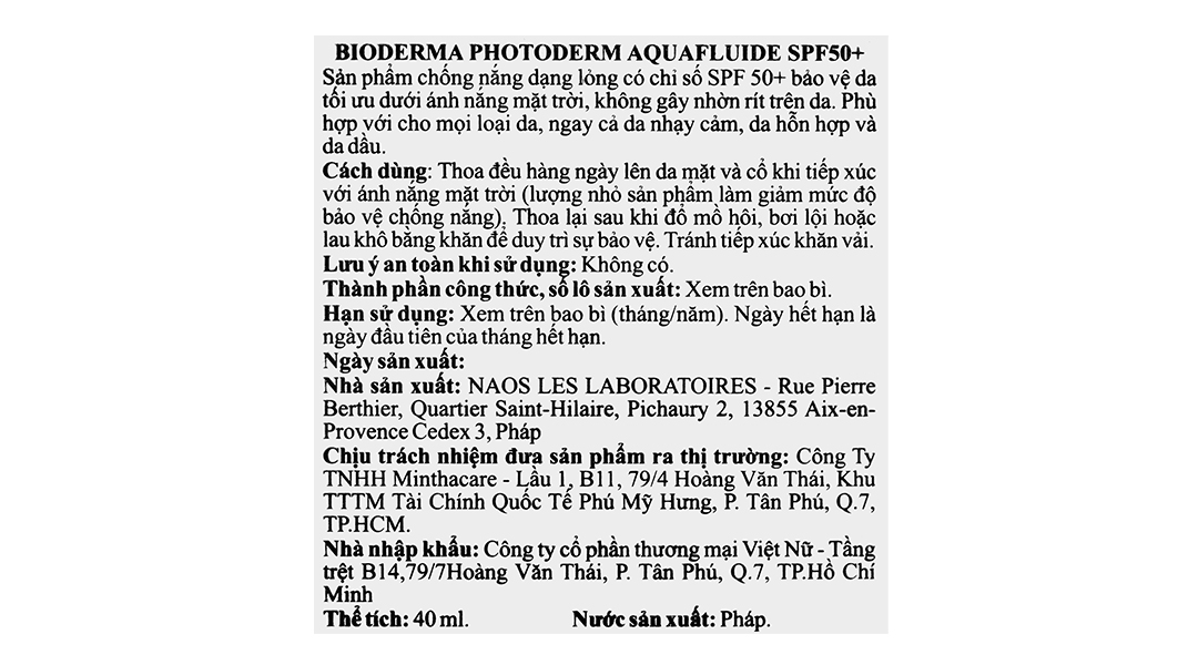 Kem chống nắng Bioderma Photoderm Aquafluide SPF50+ giảm bóng nhờn