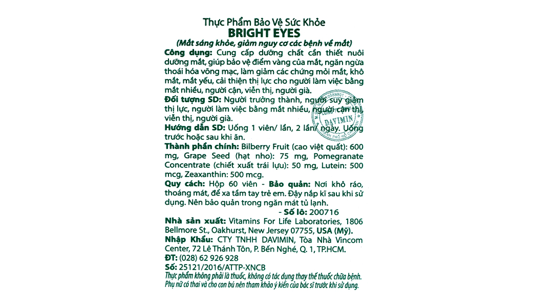 Viên uống bổ mắt Vitamins for life bright eye
