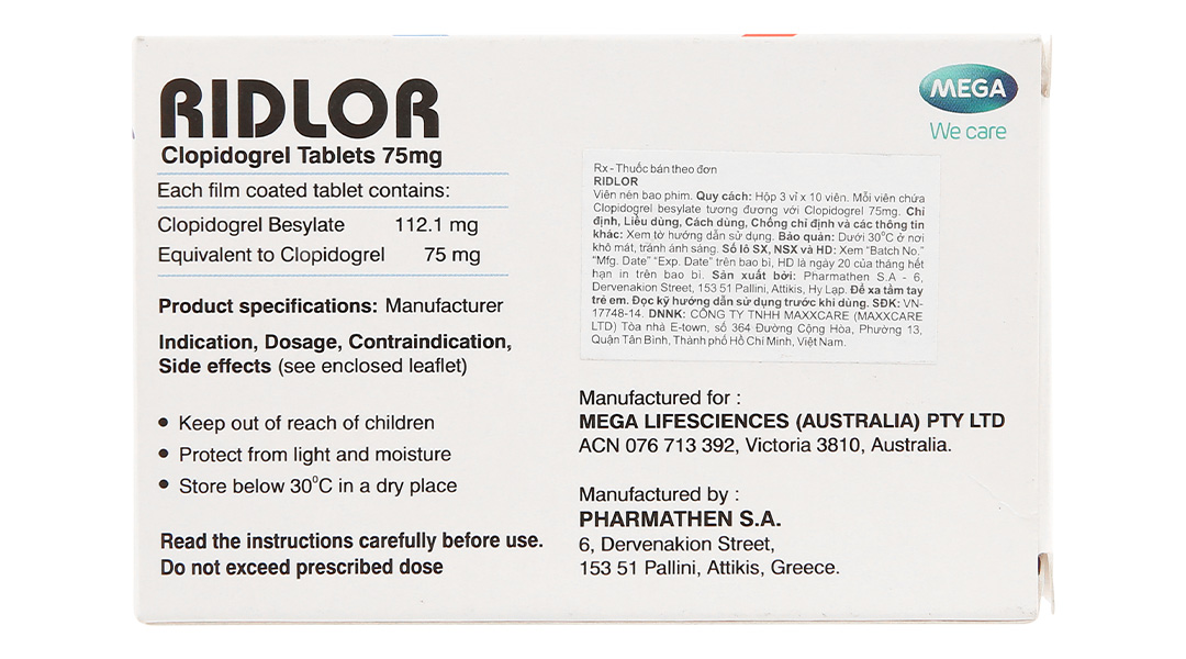 Ridlor 75mg thuốc trị rối loạn nghẽn mạch máu