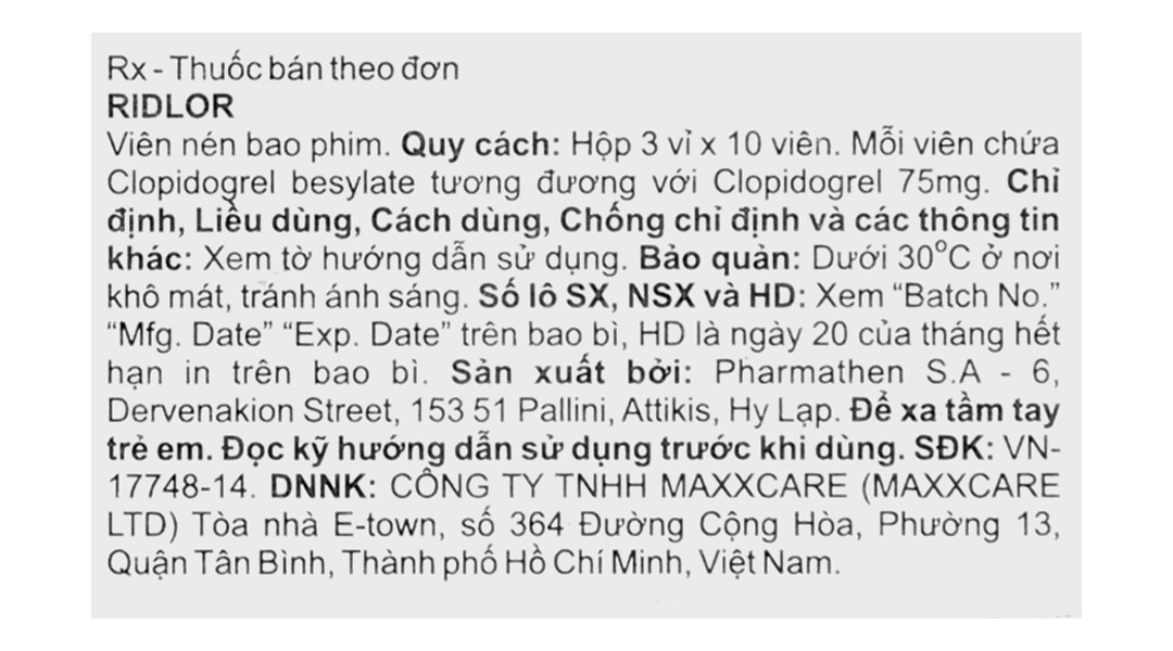 Ridlor 75mg thuốc trị rối loạn nghẽn mạch máu