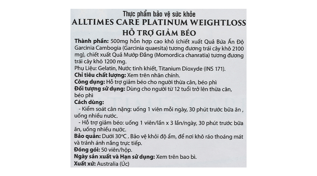Viên Uống Hỗ Trợ Giảm Cân Alltimes Care Platinum Weightloss Hộp/50v