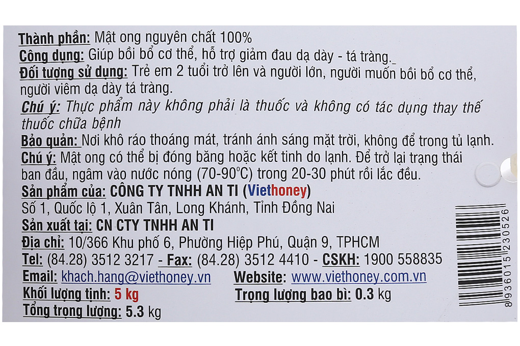 Mật ong nguyên chất Viethoney can 5kg