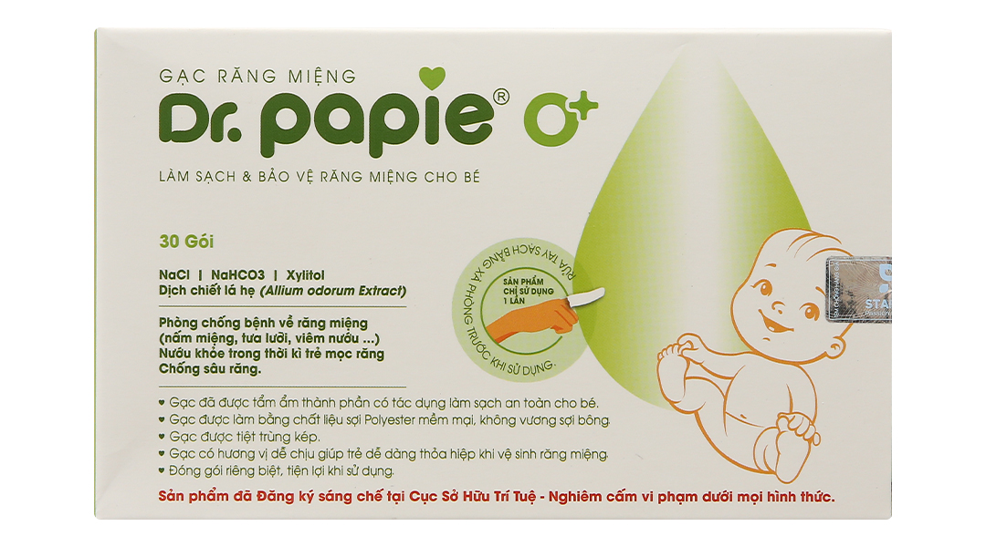 Gạc răng miệng Dr. Papie 0+ giúp sạch lưỡi, nướu, răng