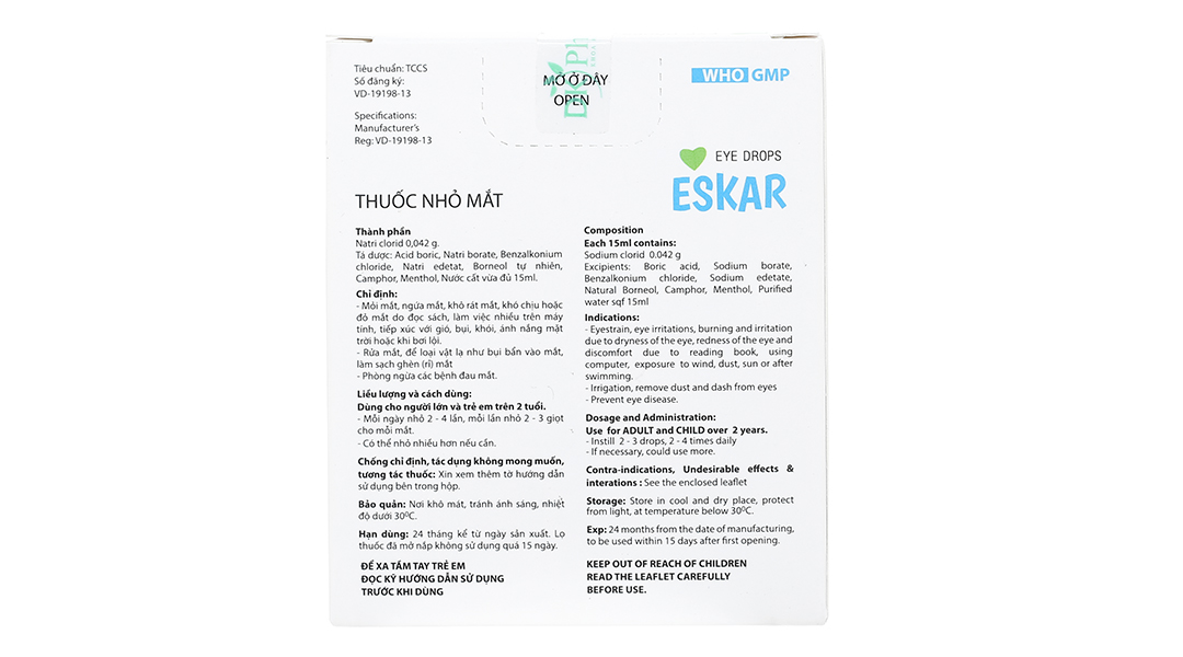 Dung dịch nhỏ mắt Eskar 0.042g rửa mắt, phòng các bệnh về mắt