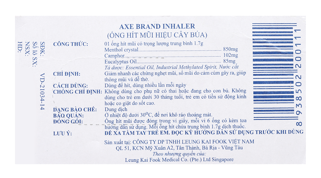 Ống hít Axe Brand Inhaler giảm nghẹt mũi, thông mũi