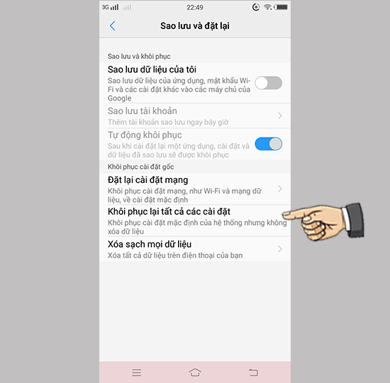 Bước 3: Chọn khôi phục lại tất cả cài đặt.