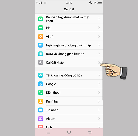 Bước 1: Vào cài đặt chọn cài đặt khác.